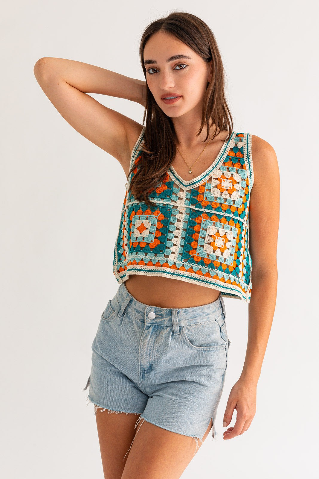 Multi Blue Cropped Crochet Top