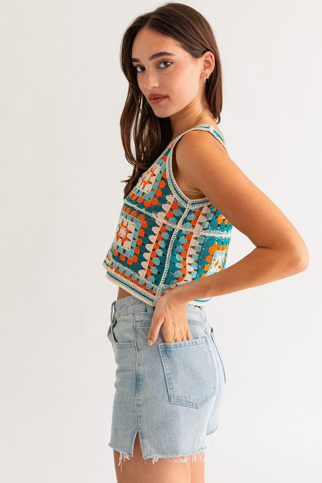 Multi Blue Cropped Crochet Top