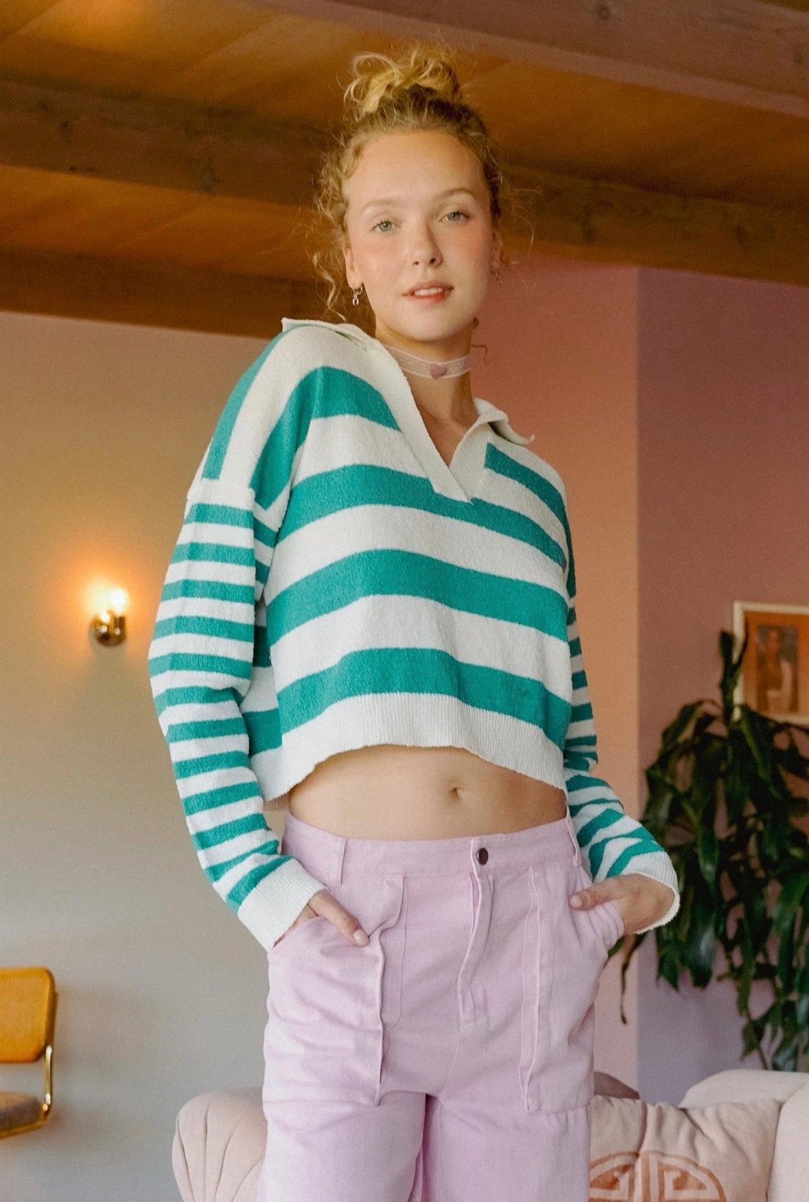Green Striped Polo Sweater