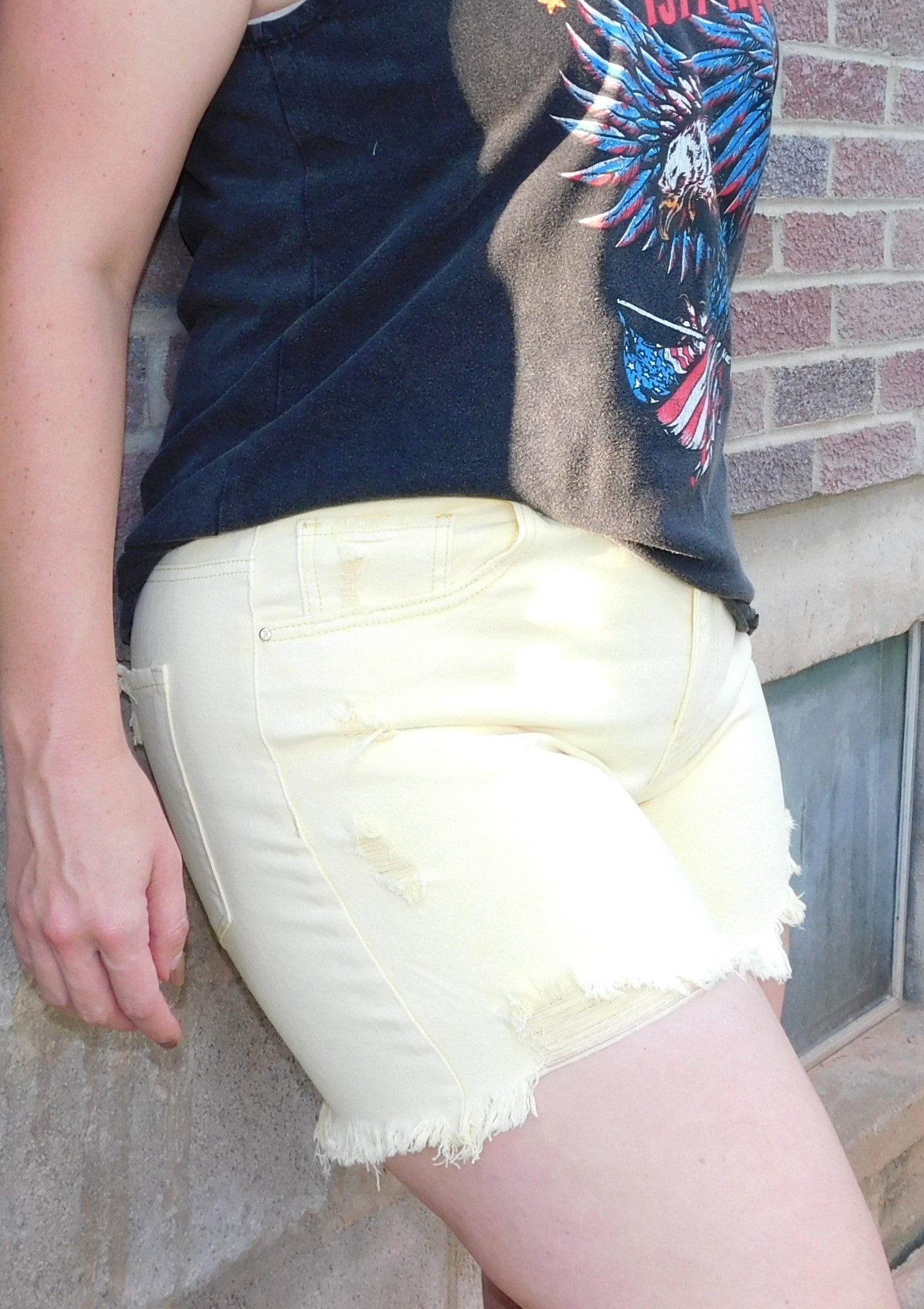 Yellow Risen High Rise Distressed Shorts