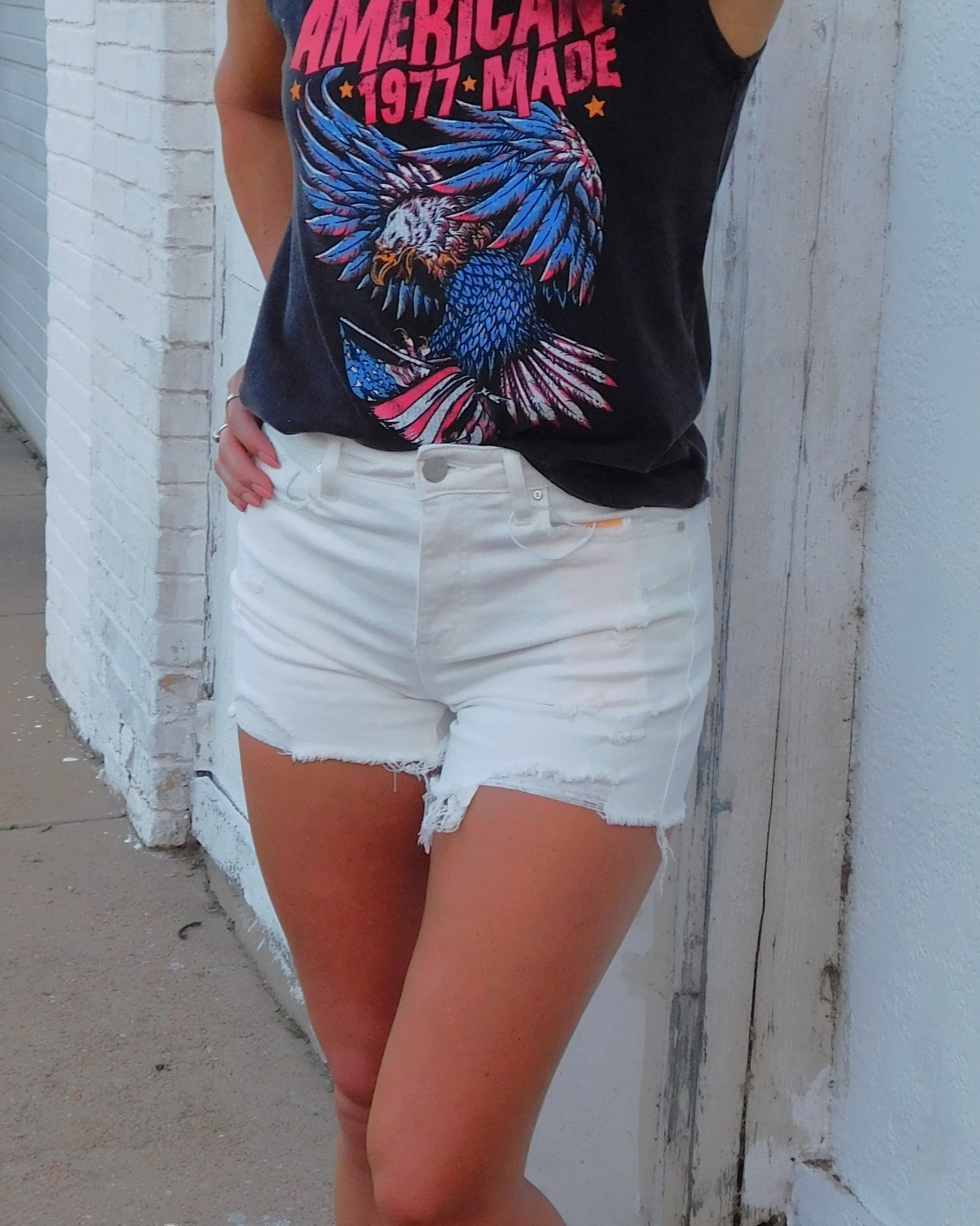 White Risen High Rise Distressed Shorts