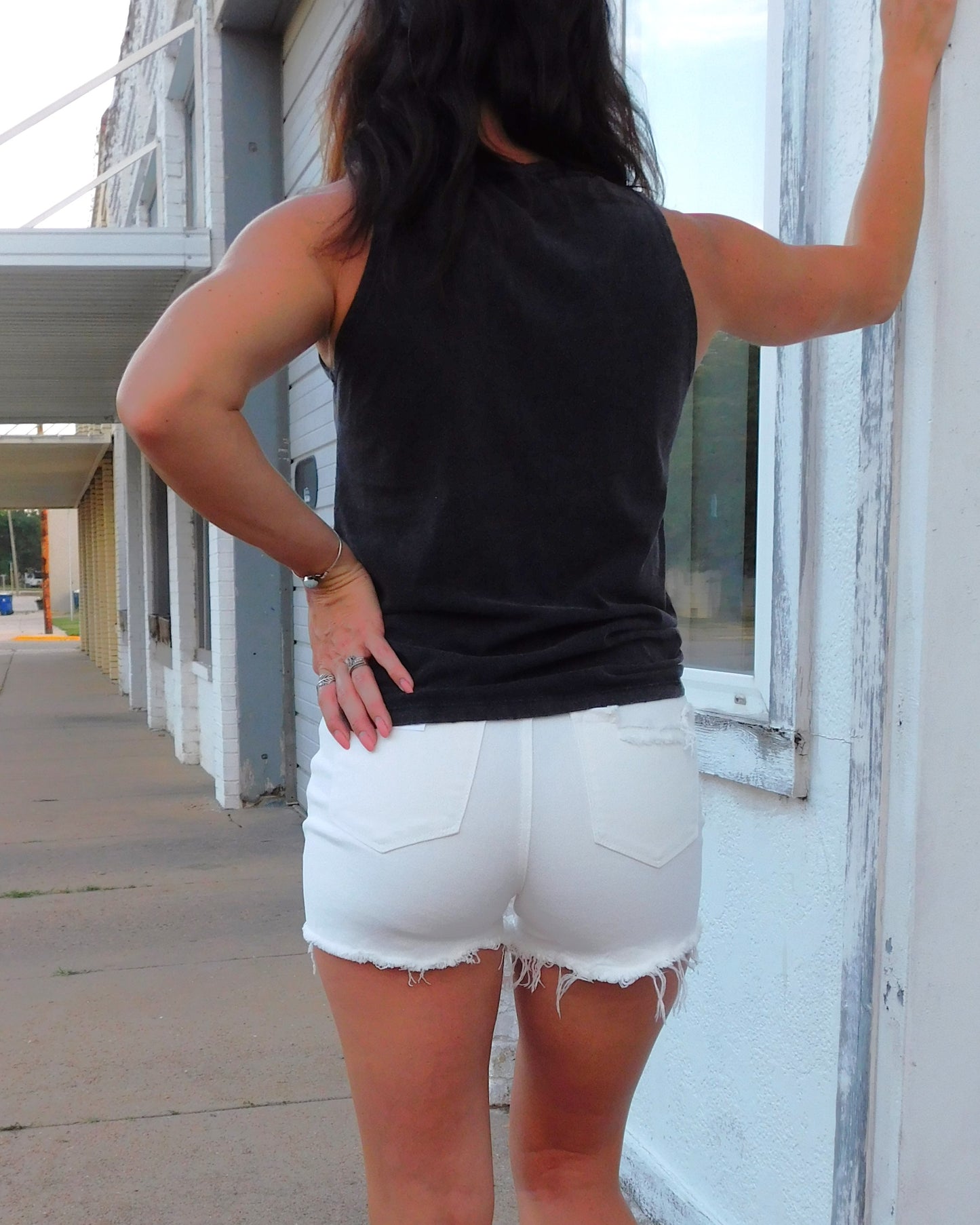White Risen High Rise Distressed Shorts